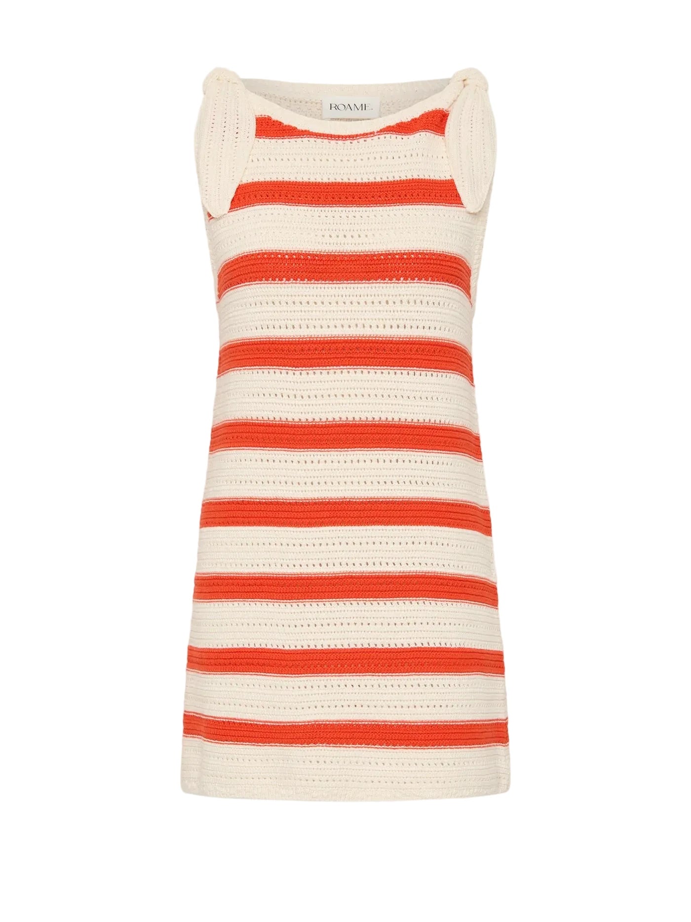 A sleeveless knit mini dress with horizontal orange-red and cream stripes, featuring tie-shoulder straps and a crew neckline, shown against a light gray background.