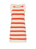 A sleeveless knit mini dress with horizontal orange-red and cream stripes, featuring tie-shoulder straps and a crew neckline, shown against a light gray background.
