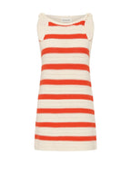 A sleeveless knit mini dress with horizontal orange-red and cream stripes, featuring tie-shoulder straps and a crew neckline, shown against a light gray background.