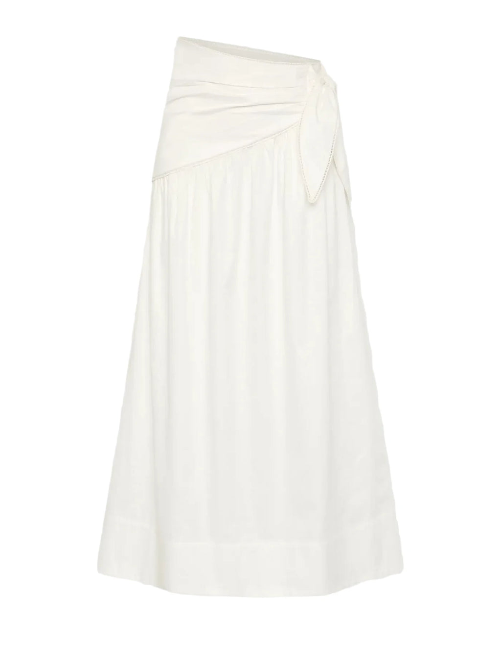 An off-white midi skirt with an asymmetrical draped waist and a side tie detail, shown against a light gray background.