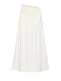 An off-white midi skirt with an asymmetrical draped waist and a side tie detail, shown against a light gray background.