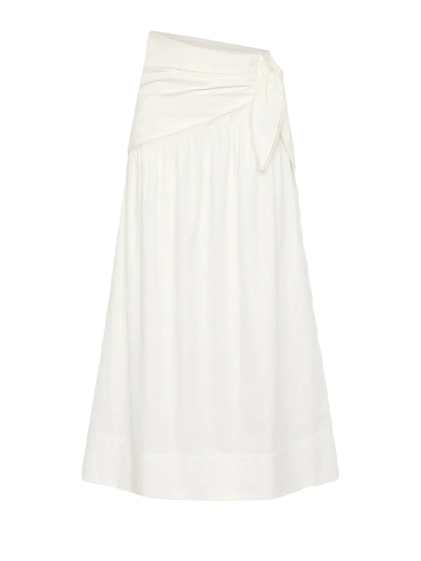 An off-white midi skirt with an asymmetrical draped waist and a side tie detail, shown against a light gray background.