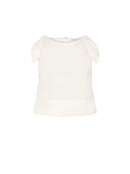 An off-white sleeveless top with delicate shoulder tie details, displayed against a solid light gray background.
