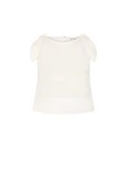 An off-white sleeveless top with delicate shoulder tie details, displayed against a solid light gray background.
