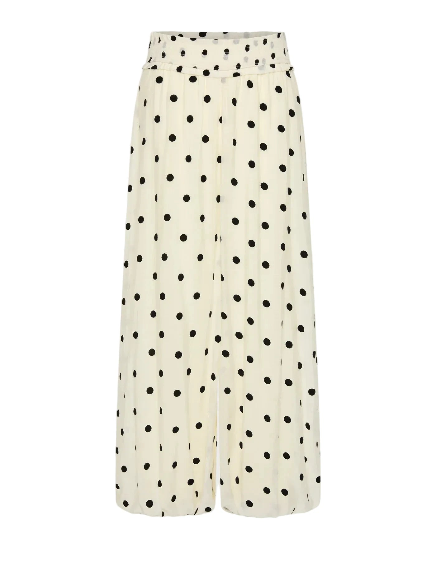A pair of wide-leg cropped pants in a cream-colored fabric with a black polka dot pattern, shown against a light gray background.