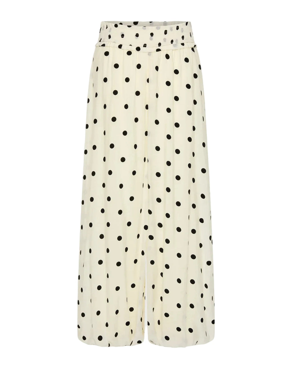 A pair of wide-leg cropped pants in a cream-colored fabric with a black polka dot pattern, shown against a light gray background.