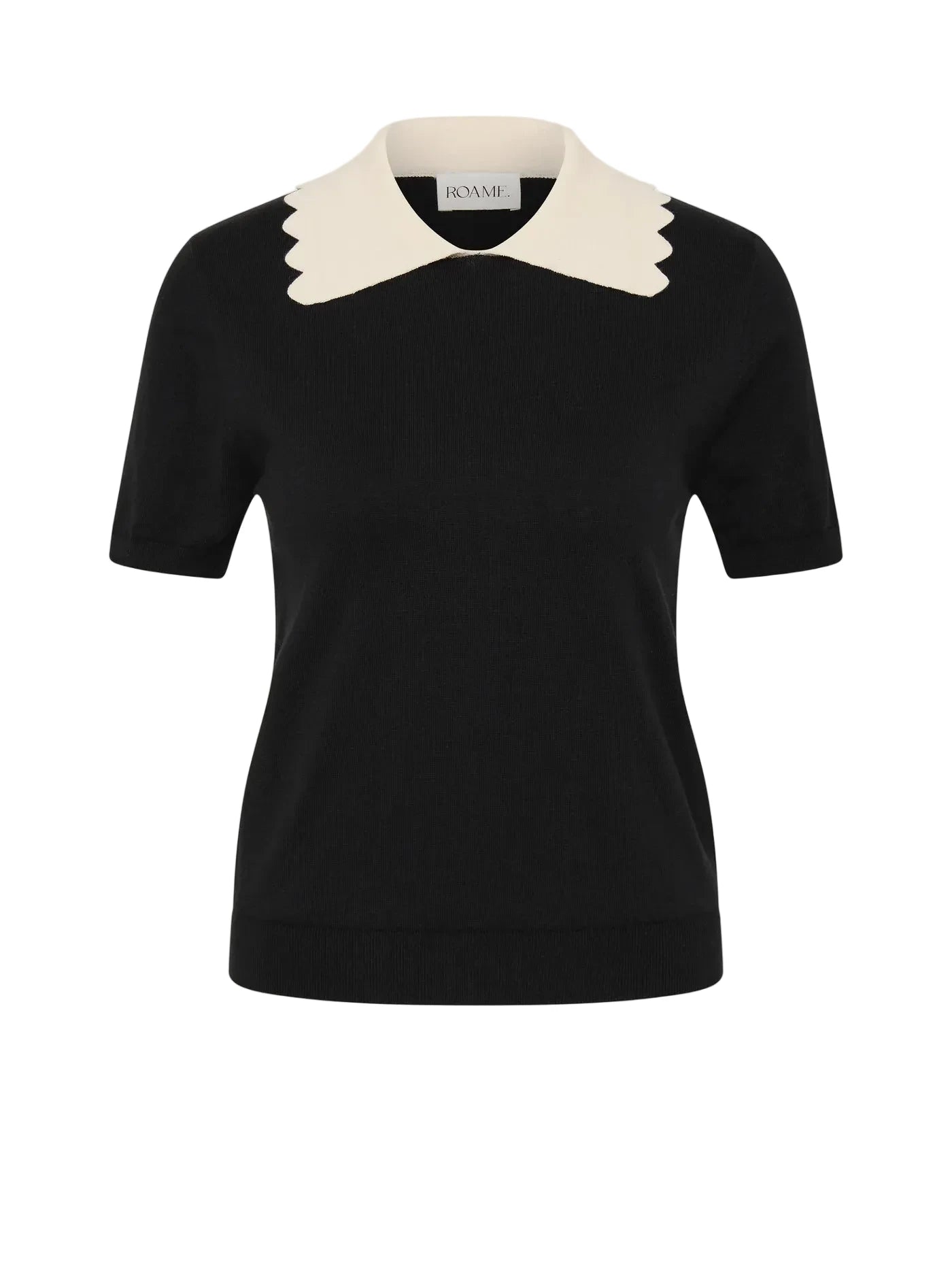 A black short-sleeve knit top with a contrasting cream-colored pointed collar, shown on a light gray background.