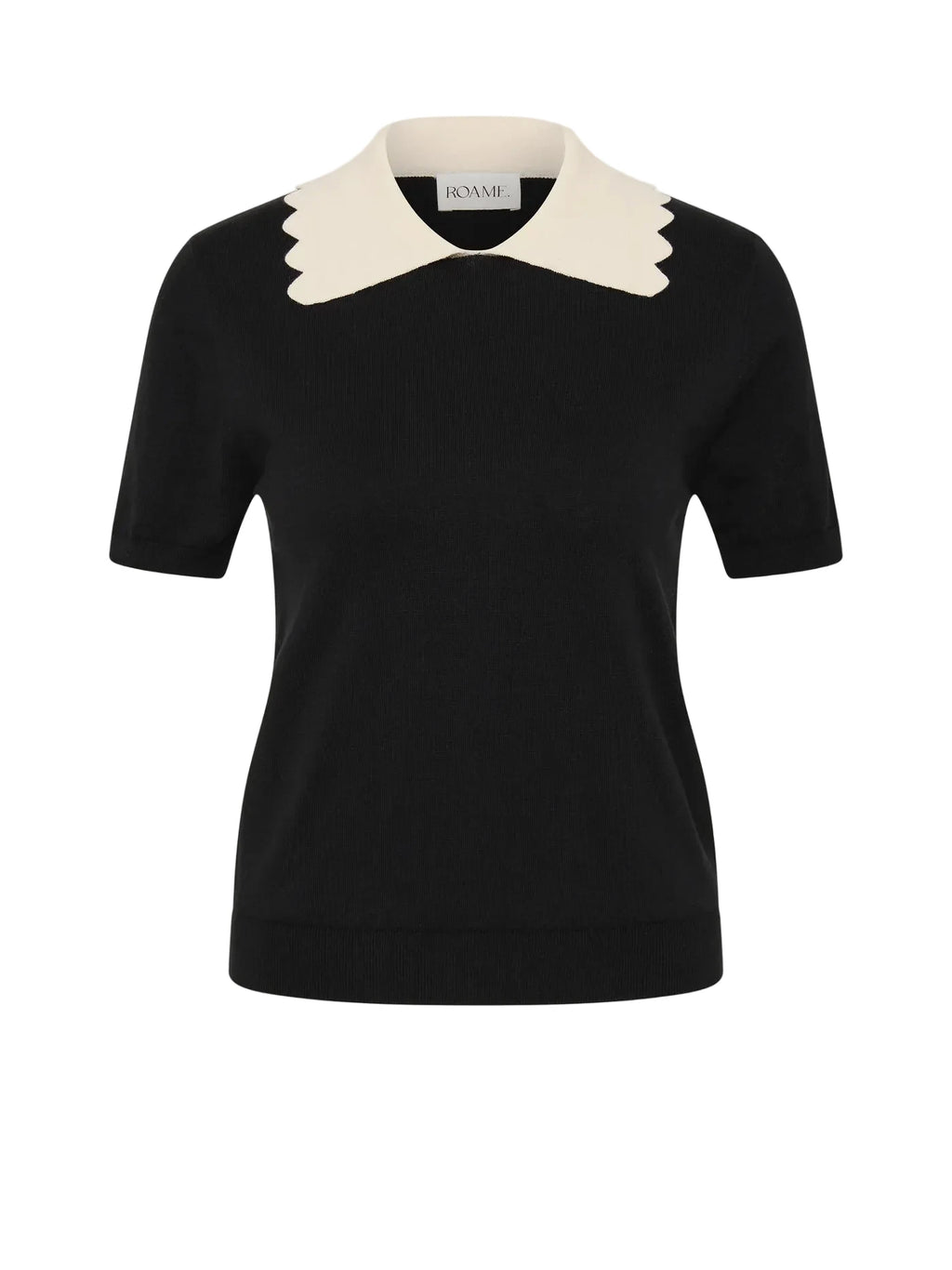 A black short-sleeve knit top with a contrasting cream-colored pointed collar, shown on a light gray background.