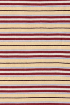 A close-up of a striped knit fabric with horizontal bands of beige, burgundy red, light blue, and thin black lines.