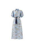 Light blue dress with gold patterns on a white background roame berkley dress Fortuna colour