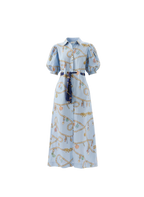 Light blue dress with gold patterns on a white background roame berkley dress Fortuna colour