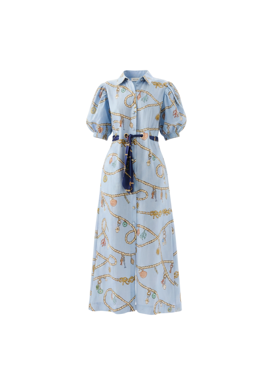 Light blue dress with gold patterns on a white background roame berkley dress Fortuna colour