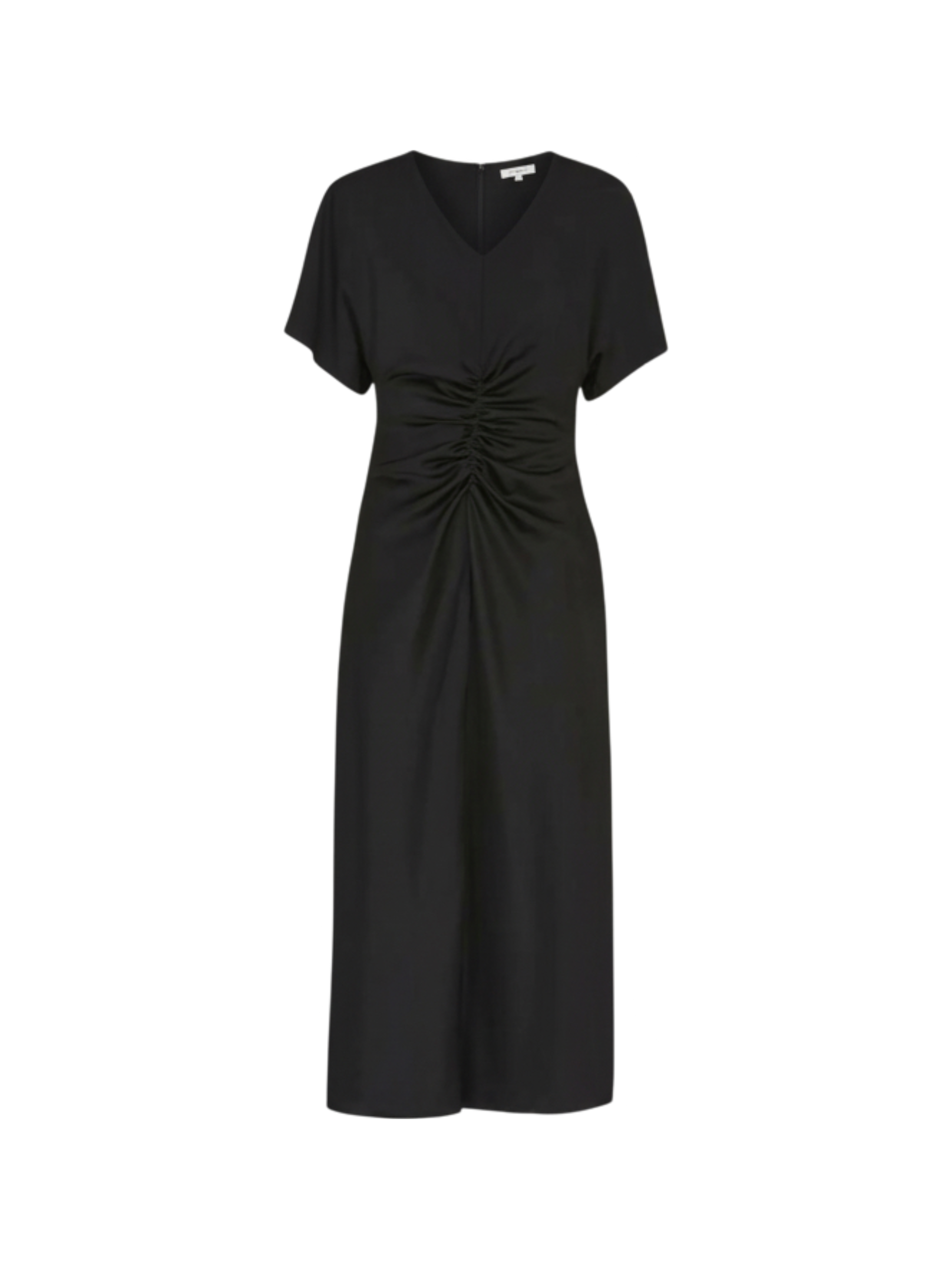 Black dress with a ruched waist on a white background
