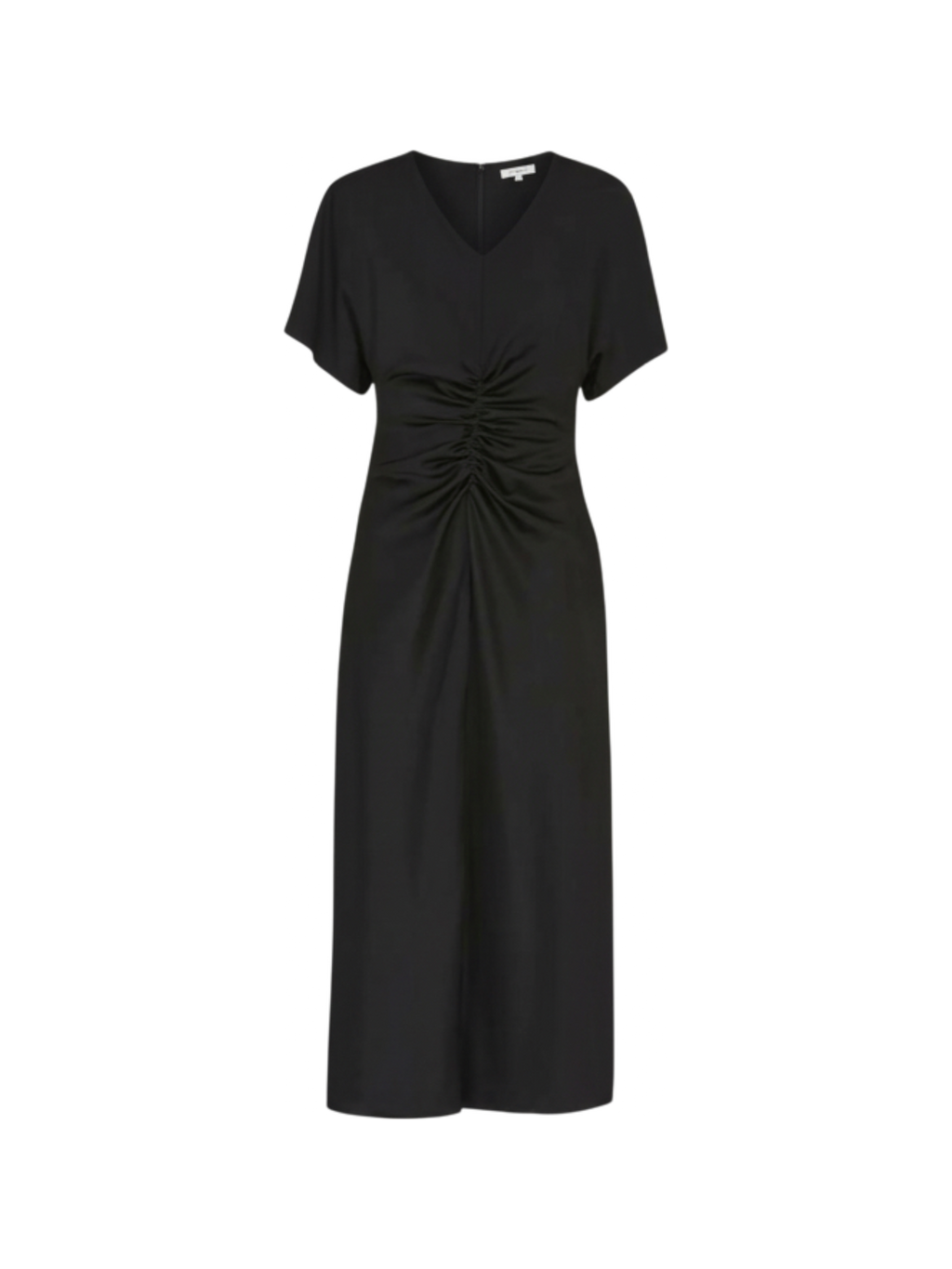 Black dress with a ruched waist on a white background