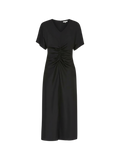 Black dress with a ruched waist on a white background