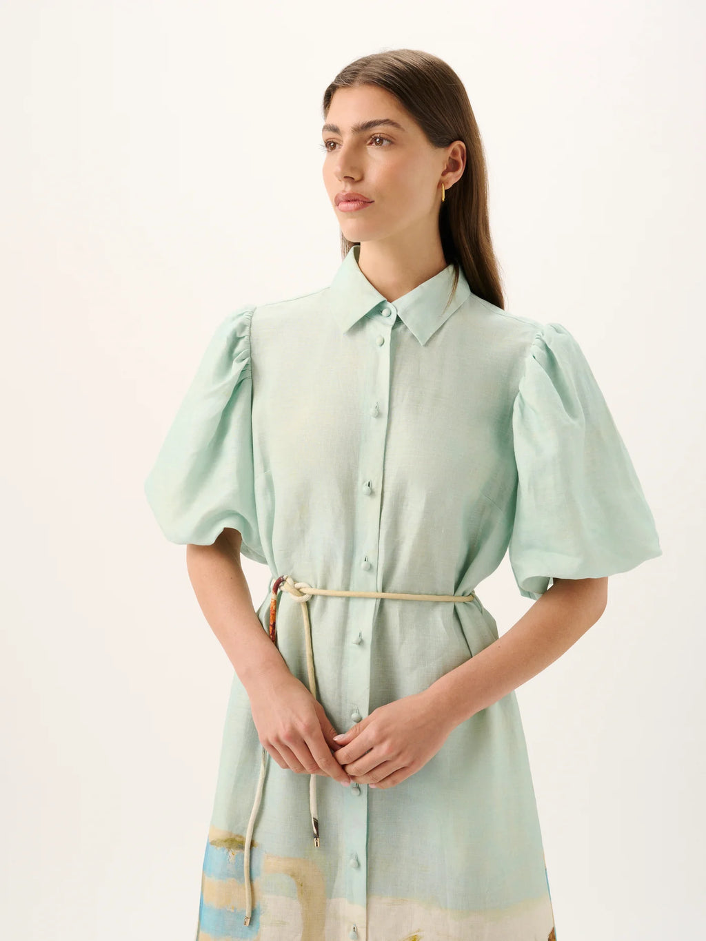 Woman wearing a light green dress with puff sleeves on a white background