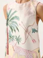 Sleeveless top with tropical design featuring palm trees, deer, and arrows on a white background.
