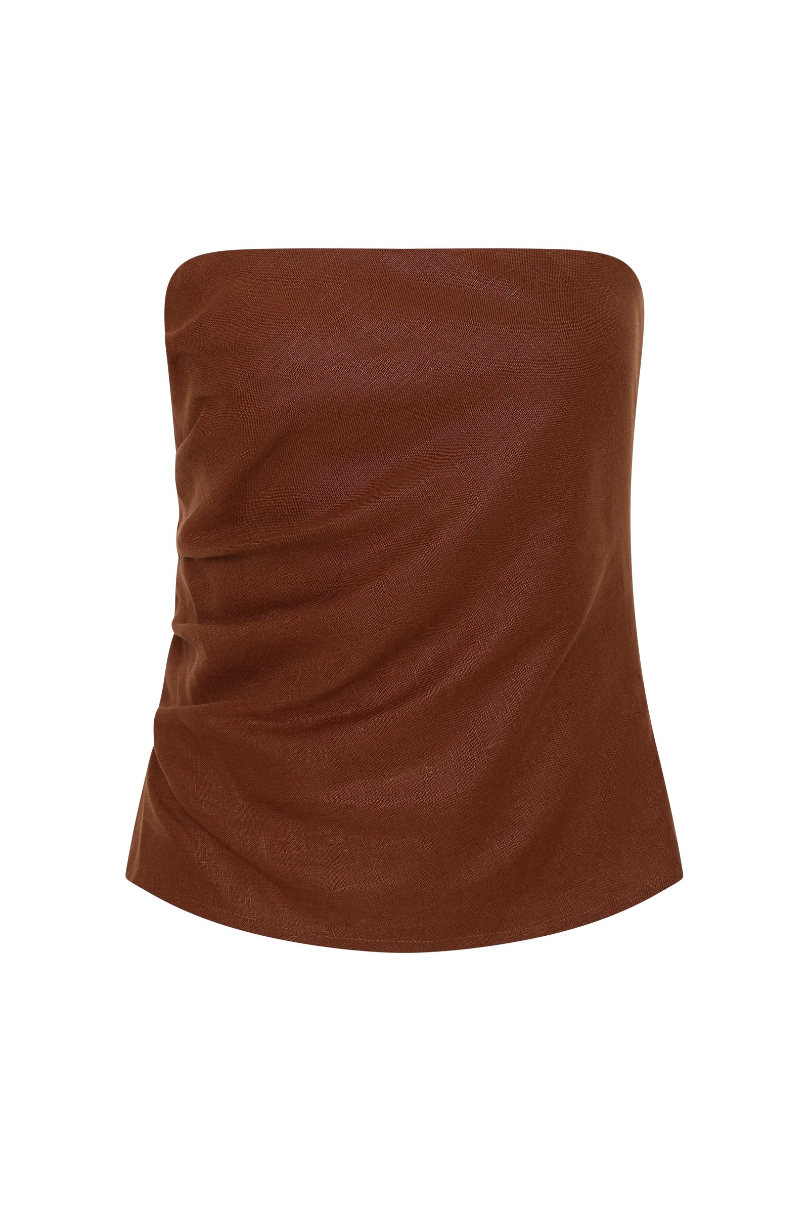 A brown strapless tube top with a textured, pebbled leather-like finish and gathered side details, shown against a plain white background.