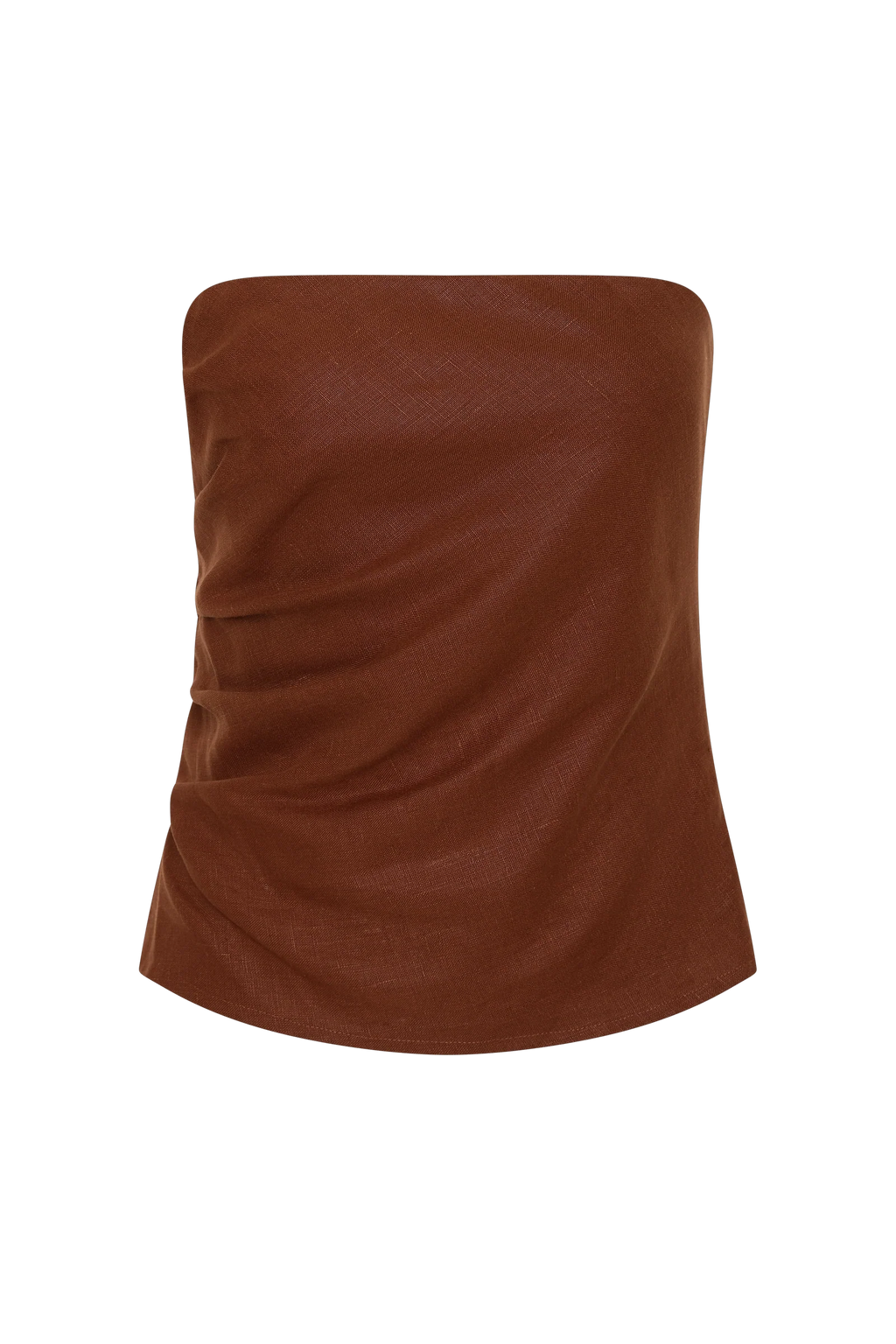 A brown strapless tube top with a textured, pebbled leather-like finish and gathered side details, shown against a plain white background.