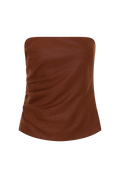 A brown strapless tube top with a textured, pebbled leather-like finish and gathered side details, shown against a plain white background.