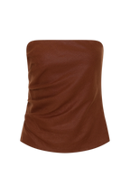 A brown strapless tube top with a textured, pebbled leather-like finish and gathered side details, shown against a plain white background.
