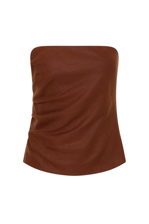 A brown strapless tube top with a textured, pebbled leather-like finish and gathered side details, shown against a plain white background.