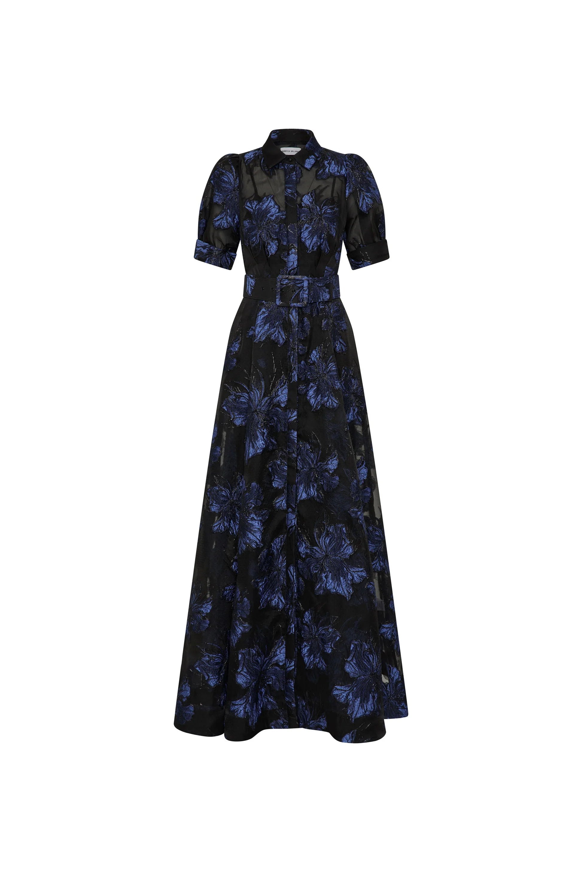 Navy floral dress on a white background