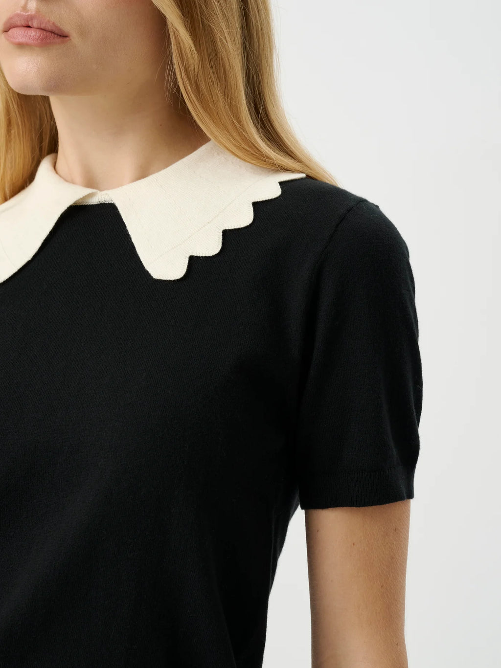Black dress with a white scalloped collar on a plain background