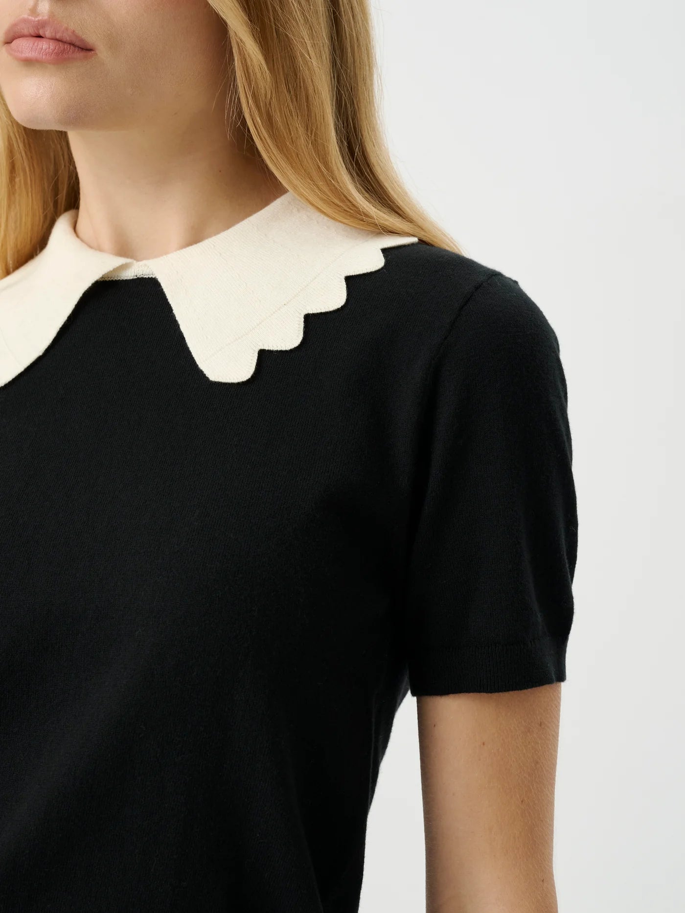 Black dress with a white scalloped collar on a plain background