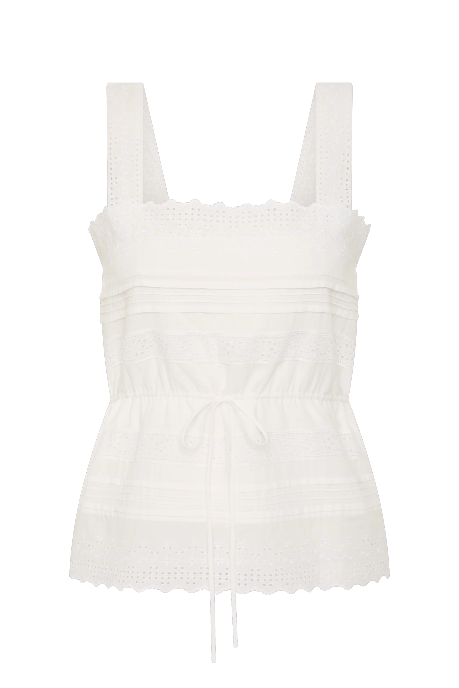 An off-white eyelet cotton camisole top with wide shoulder straps, a square neckline, horizontal gathered detailing, a drawstring tie at the waist, and a scalloped eyelet hem.