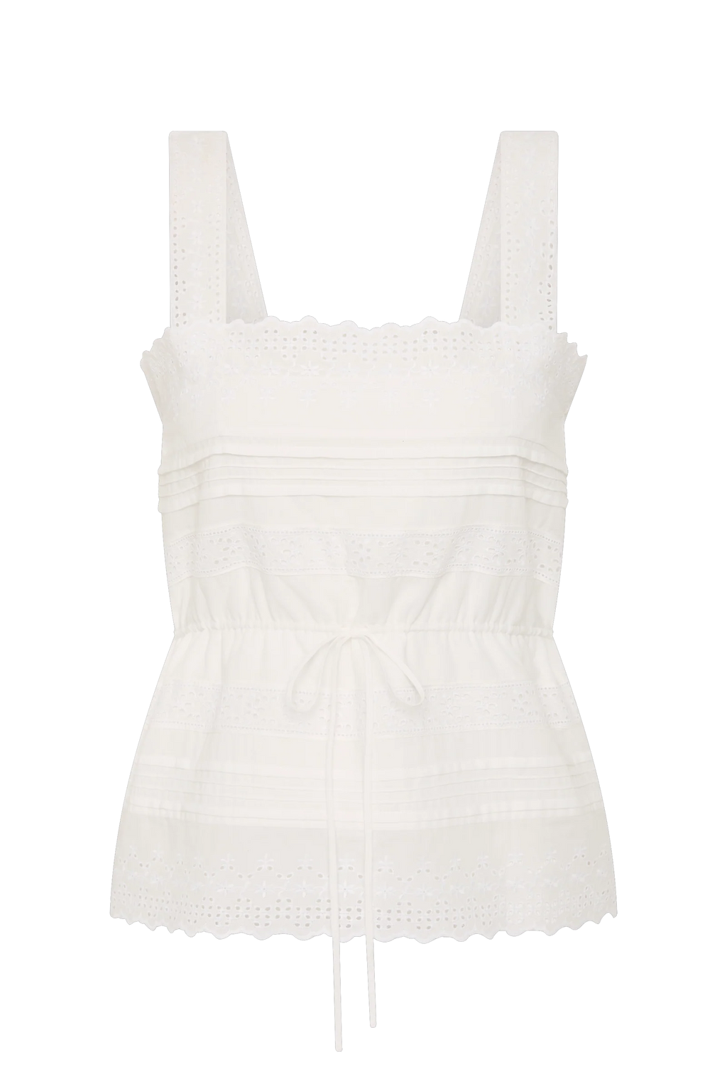 An off-white eyelet cotton camisole top with wide shoulder straps, a square neckline, horizontal gathered detailing, a drawstring tie at the waist, and a scalloped eyelet hem.