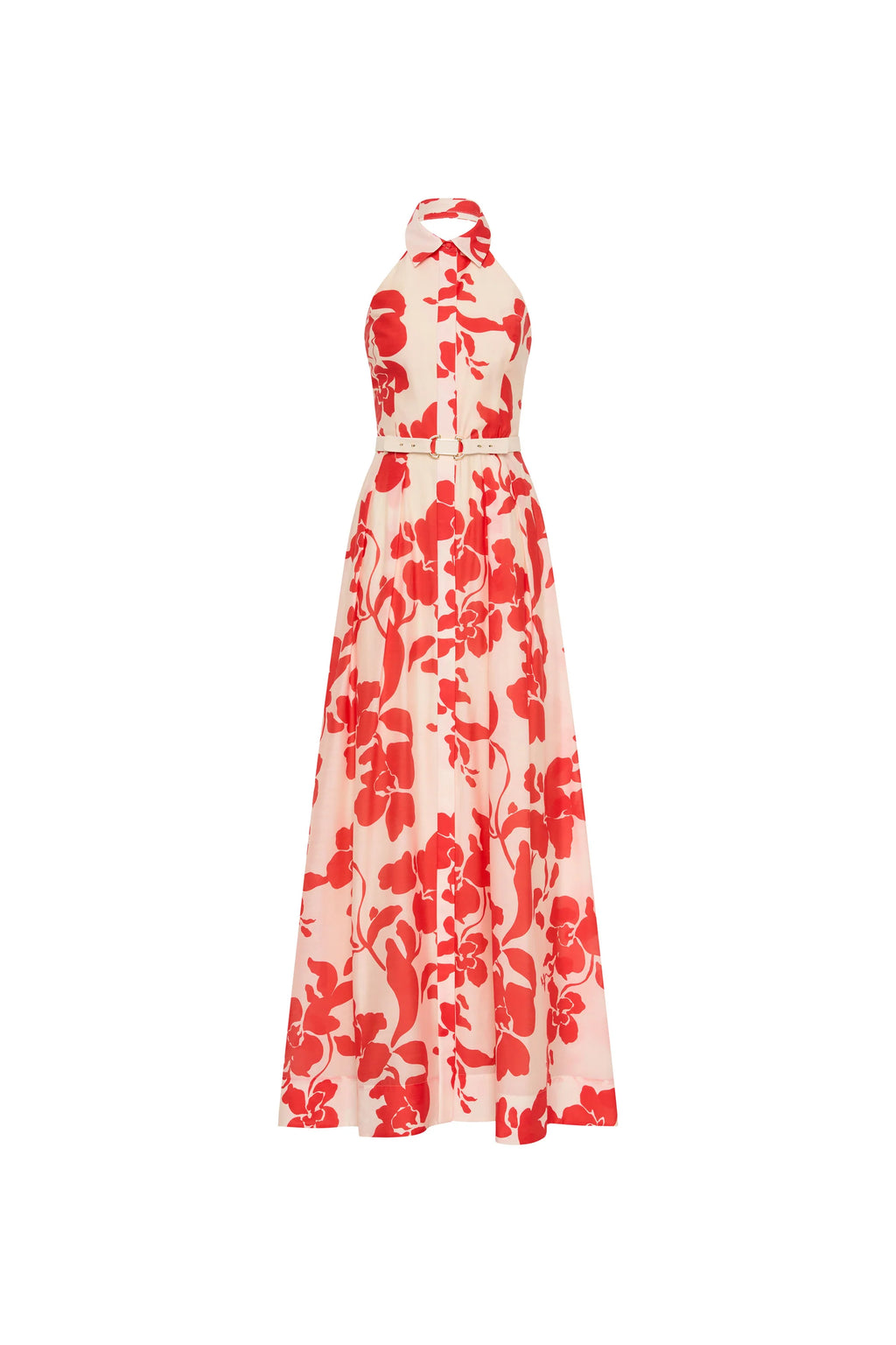 Red floral dress on a white background