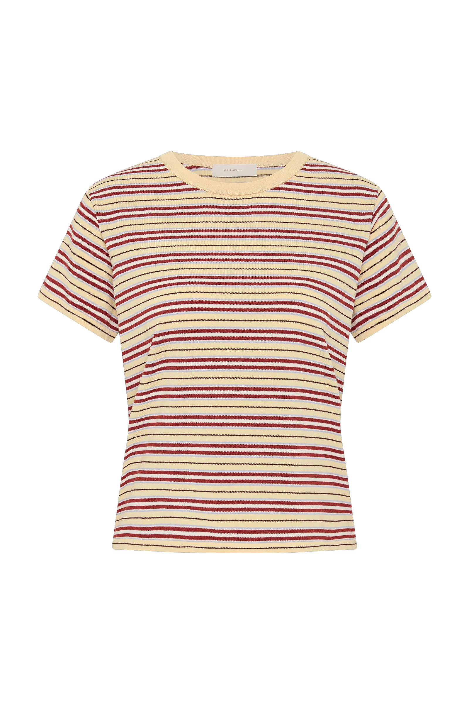 A short-sleeve crewneck t-shirt with horizontal stripes in cream, burgundy, and olive green, displayed on a clean white background.