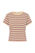 A short-sleeve crewneck t-shirt with horizontal stripes in cream, burgundy, and olive green, displayed on a clean white background.