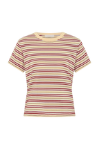 A short-sleeve crewneck t-shirt with horizontal stripes in cream, burgundy, and olive green, displayed on a clean white background.