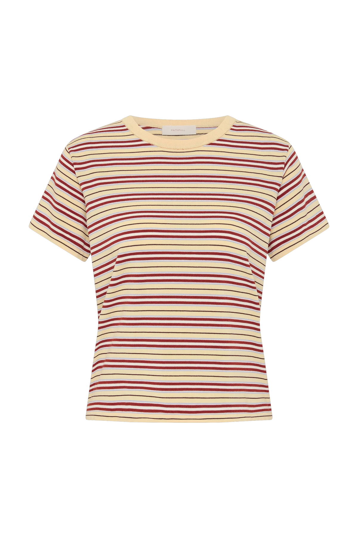 A short-sleeve crewneck t-shirt with horizontal stripes in cream, burgundy, and olive green, displayed on a clean white background.