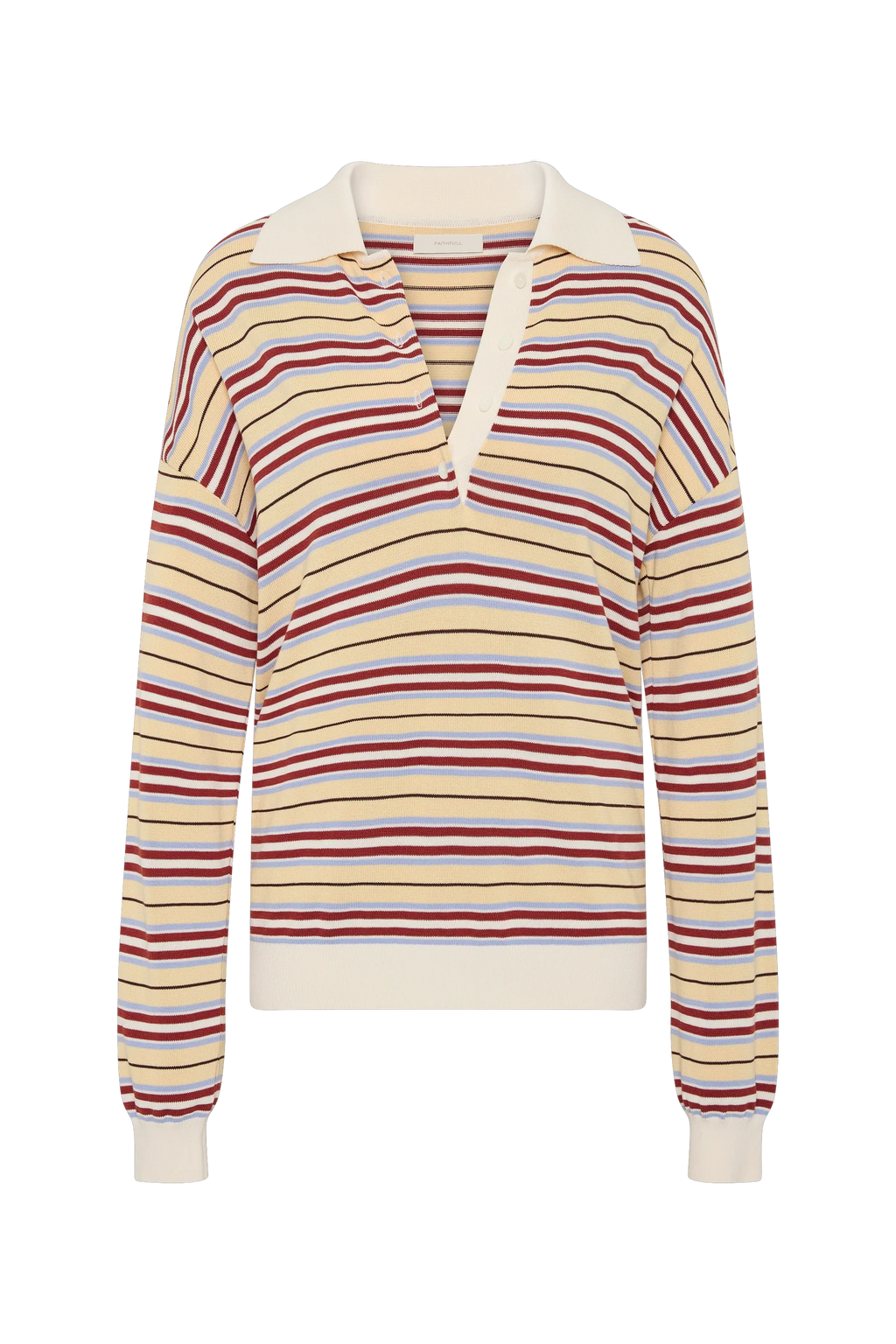 A long-sleeve knit polo-style top with horizontal stripes in cream, burgundy red, and light blue, featuring a cream collar and tie detail at the neckline.