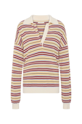 A long-sleeve knit polo-style top with horizontal stripes in cream, burgundy red, and light blue, featuring a cream collar and tie detail at the neckline.