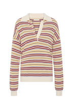 A long-sleeve knit polo-style top with horizontal stripes in cream, burgundy red, and light blue, featuring a cream collar and tie detail at the neckline.