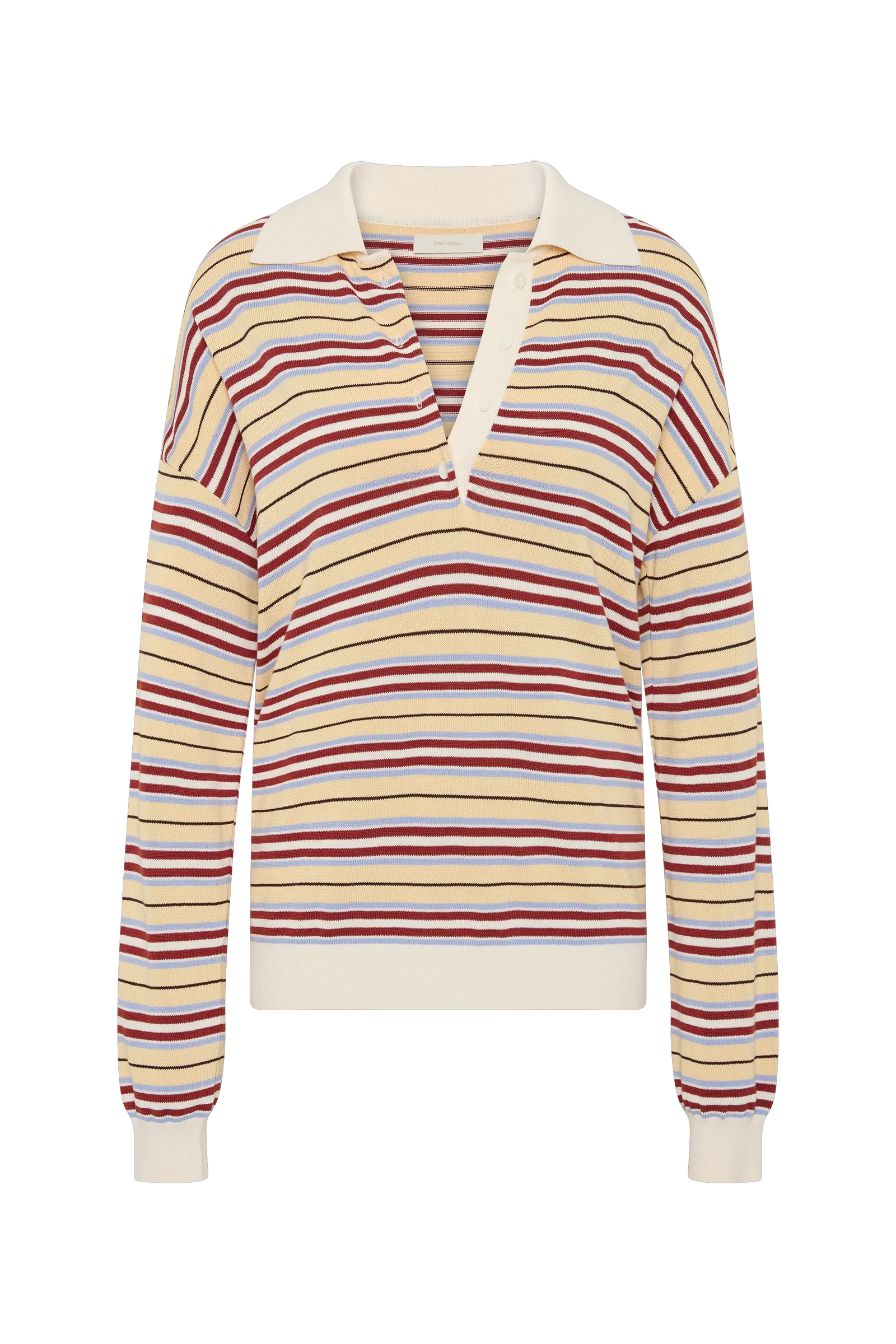 A long-sleeve knit polo-style top with horizontal stripes in cream, burgundy red, and light blue, featuring a cream collar and tie detail at the neckline.