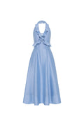 Light blue halter neck dress with ruffled details on a white background
