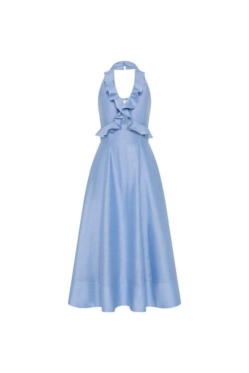 Light blue halter neck dress with ruffled details on a white background