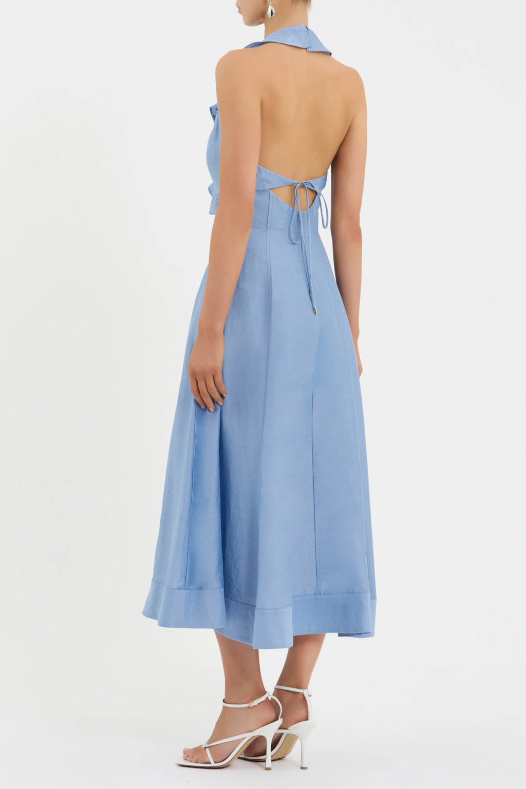 Light blue halter neck dress with cut-out design on a white background
