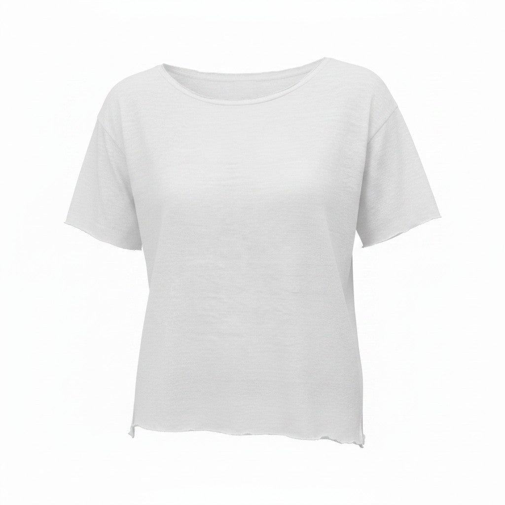 A white short-sleeve crewneck t-shirt with a relaxed, slightly oversized fit and a subtle raw hem, shown against a plain white background.