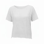 A white short-sleeve crewneck t-shirt with a relaxed, slightly oversized fit and a subtle raw hem, shown against a plain white background.