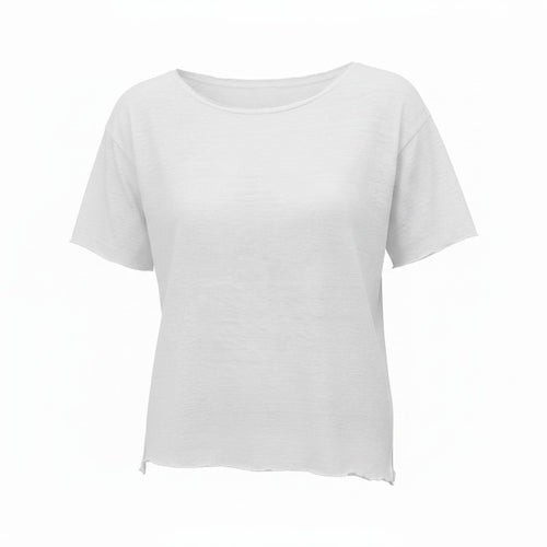 A white short-sleeve crewneck t-shirt with a relaxed, slightly oversized fit and a subtle raw hem, shown against a plain white background.