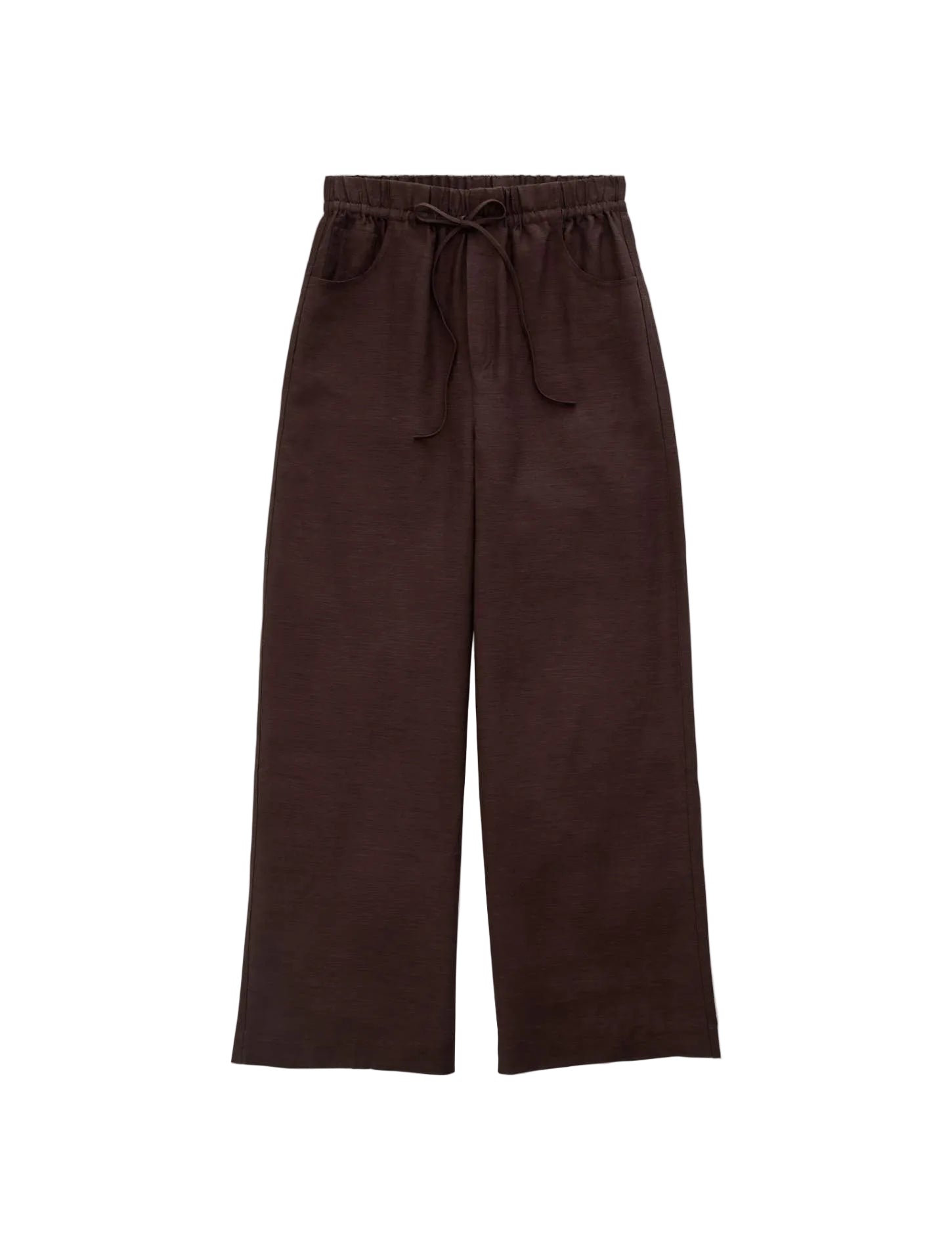 Dark brown wide-leg cropped pants with an elastic drawstring waist, displayed flat against a light gray background.