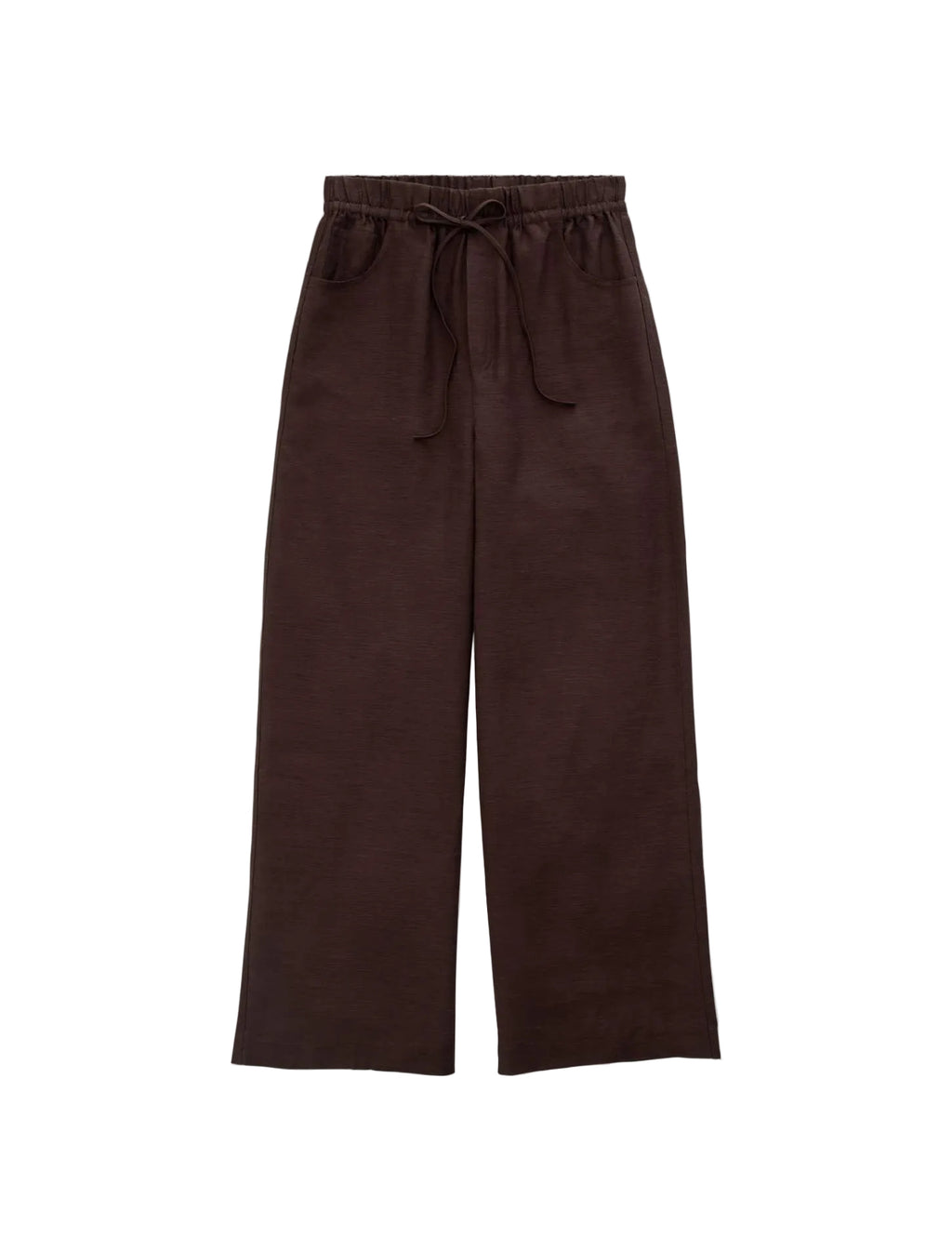 Dark brown wide-leg cropped pants with an elastic drawstring waist, displayed flat against a light gray background.