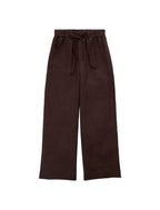 Dark brown wide-leg cropped pants with an elastic drawstring waist, displayed flat against a light gray background.