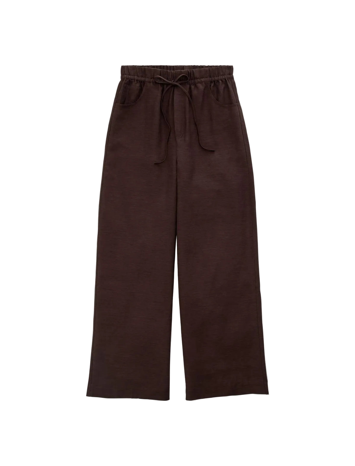 Dark brown wide-leg cropped pants with an elastic drawstring waist, displayed flat against a light gray background.
